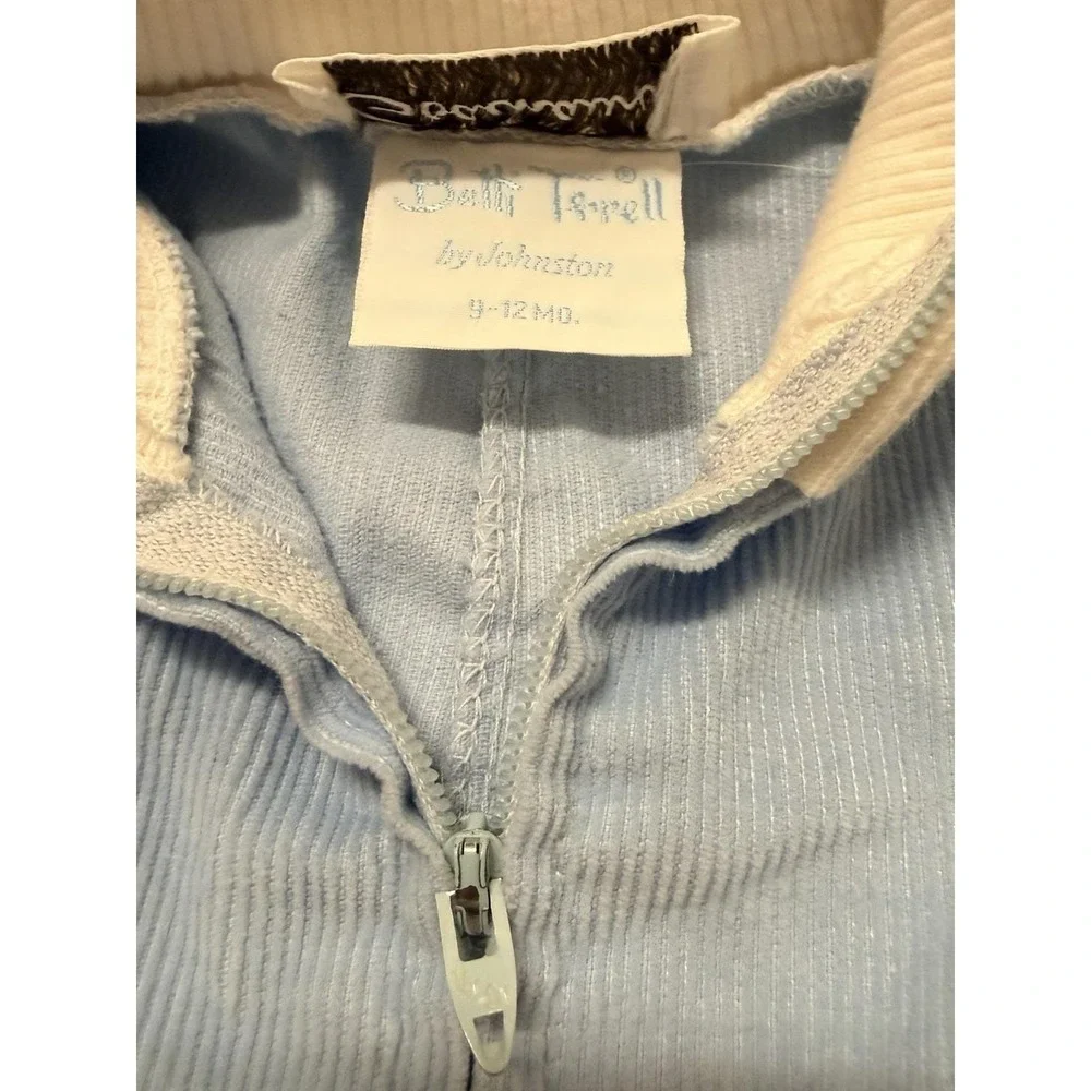Vtg 80s Betti Terrell by Johnston 9-12M Bear Sled Blue‎ Corduroy Overall L/S